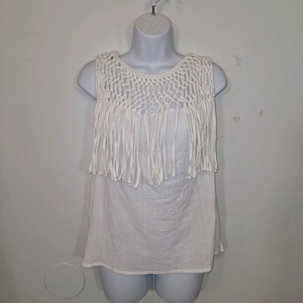 100% Cotton Crochet Fringe Top Sz M Boho Festival Hippie Cowgirl Country Barn